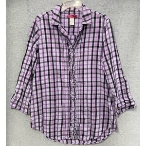 Betsey Johnson Intimates Purple Plaid Button Down Sleep Shirt Size Large